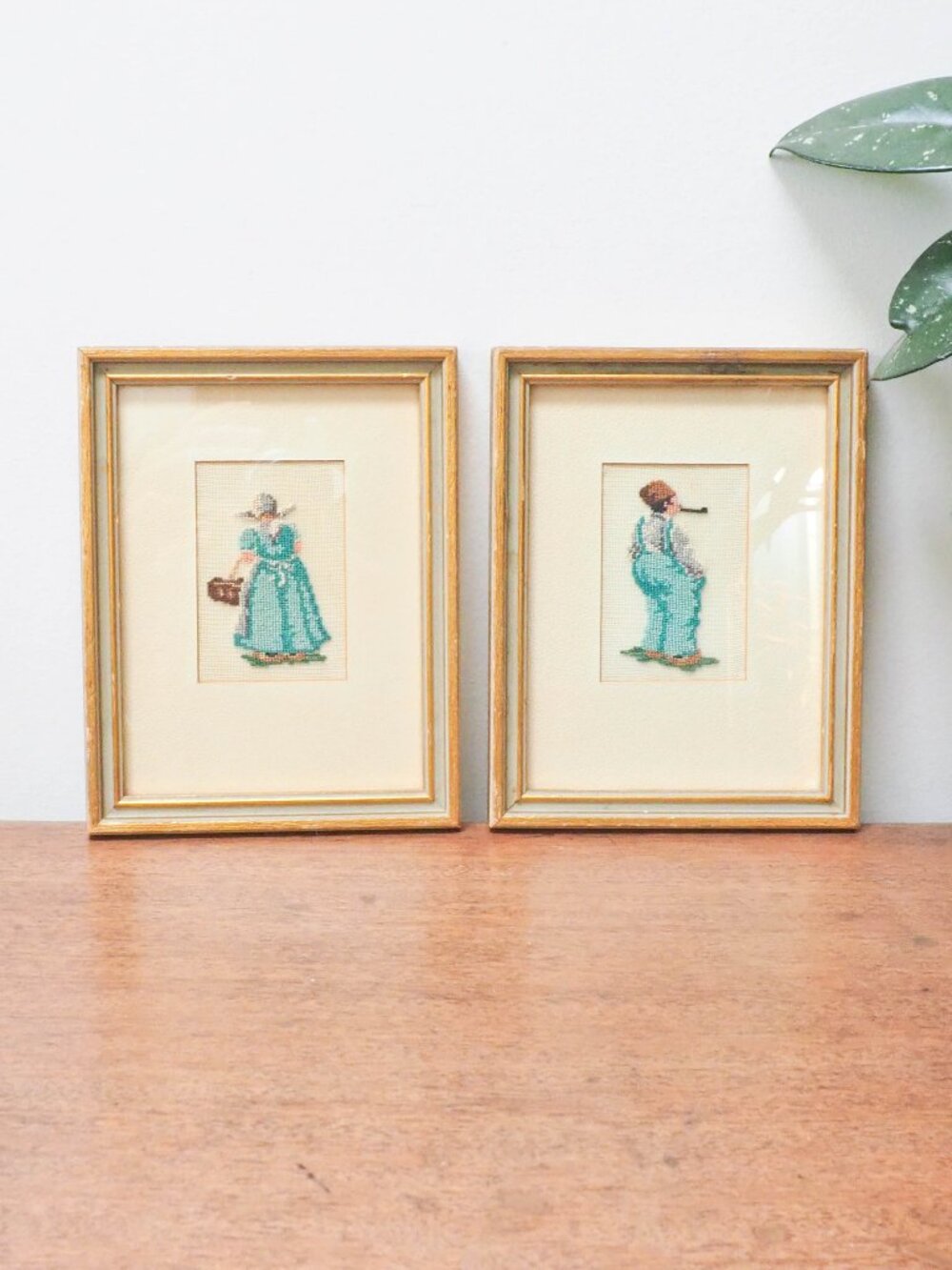 Vtg Framed Dutch Woman and Man Petit Point Pair - Wood Framed Needlework